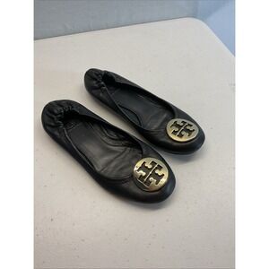 Tory Burch Reva Ballet Flat Size 7 Black Gold Logo USED